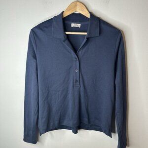 AYR Pima Cotton Long Sleeve Collared Button Front Polo Navy Size Medium Crop